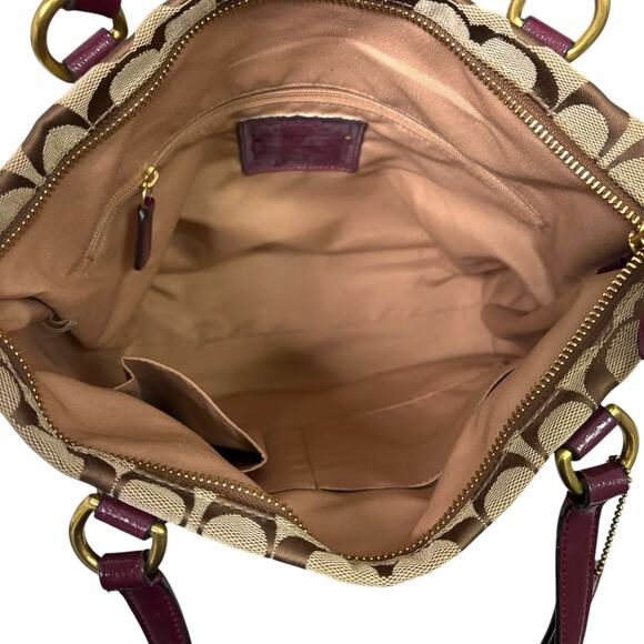 Coach Signature Stripe Tote Bag Tan Jacquard Pink Plum Patent Leather F28504 - Picture 12 of 15